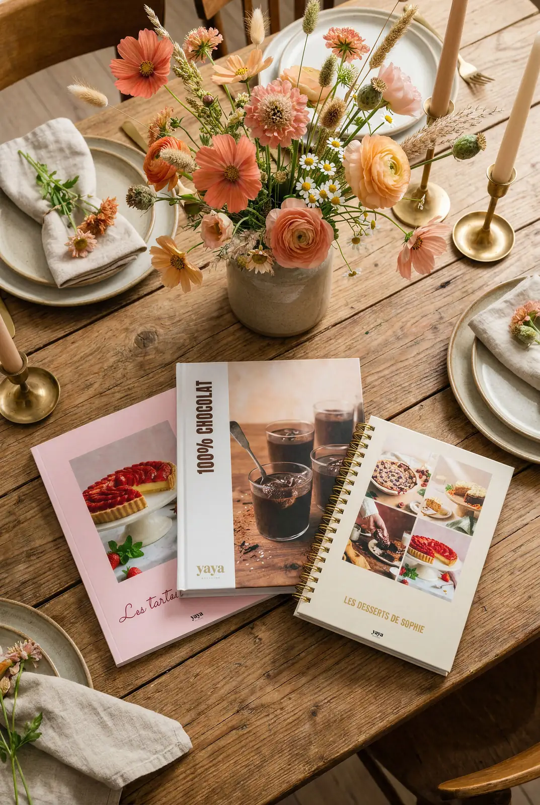 Une table en bois dressée avec trois livres de recettes YAYA dont « Les tartes » et « 100% Chocolat », entourés d'un bouquet de fleurs fraîches, de bougeoirs en laiton et de serviettes en lin · ambiance méditerranéenne chaleureuse